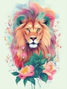 Lion head with fantasy flowers around suitable for sticker, clip art, vintage t-shirt design. Generative Ai Royalty Free Stock Photo