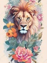 Lion head with fantasy flowers around suitable for sticker, clip art, vintage t-shirt design. Generative Ai Royalty Free Stock Photo