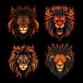 Lion head from fire flames. Hot tribal lions power faces, pride leo animals king designs isolated on black background Royalty Free Stock Photo