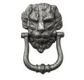 Lion head knocker on an old white wooden door