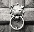 Lion head knocker on an old wooden door