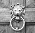 Lion head knocker on an old wooden door Royalty Free Stock Photo