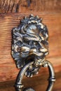 Lion head knocker on an old wooden door. Vintage door Royalty Free Stock Photo