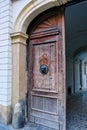 Lion Head Knocker on Old Wooden Door, Zagreb, Croatia Royalty Free Stock Photo