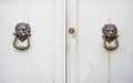 Lion head knockers on an old white wooden door