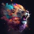 Lion, the head of a lion in a multi-colored flame. Abstract multicolored profile portrait of a lion head on a black background.GEN