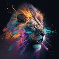 Lion, the head of a lion in a multi-colored flame. Abstract multicolored profile portrait of a lion head on a black background.GEN