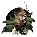 Lion head with open mouth surrounded by tropical plants leaves and flowers composition