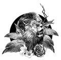 Lion head with open mouth surrounded by tropical plants leaves and flowers composition