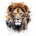 Colorful Lion Head Watercolor Painting With Dripping Paint And High-contrast Shading