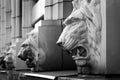 Lion head sculptures on building