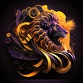 Lion Head With Sound Waves Logo Yellow Purple Black Abstract Pattern AI Generative Royalty Free Stock Photo