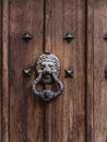 A lion head style vintage old door knocker on a wooden door Royalty Free Stock Photo