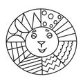 Lion head with various geometric shapes. Illustration of a cute smiling lion for coloring.