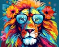 The lion head is wearing sunlasses with colorful flowers. Royalty Free Stock Photo
