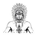 Lion head on a white background, a lion in the feathers of an Indian, an american native