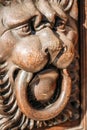 Lion head wood carving on wooden door Royalty Free Stock Photo