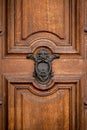 lion headed door knocker on wooden door Royalty Free Stock Photo