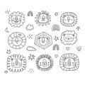 Lion heads set. Funny vector character drawing. Royalty Free Stock Photo