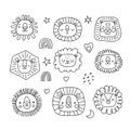 Lion heads set. Funny vector character drawing. Royalty Free Stock Photo