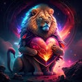 Lion hugging heart Lion with heart. Valentine\'s day card. 3D rendering AI Generated animal ai Royalty Free Stock Photo