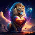 Lion hugging heart Lion with heart. Valentine\'s day card. 3D rendering AI Generated animal ai Royalty Free Stock Photo