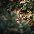 lion hiding behind tree branches