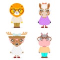 Lion horse deer hippo cute animal boy girl cubs mascot cartoon icons set flat design vector illustration