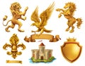 Lion, horse, eagle, lily. Golden heraldic elements. 3d vector icon set Royalty Free Stock Photo