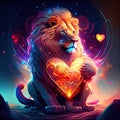 Lion hugging heart Lion with heart in his hand. Valentine\'s Day card. AI Generated animal ai Royalty Free Stock Photo