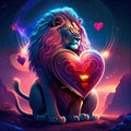Lion hugging heart Lion with heart. Valentine\'s day background. 3D rendering AI generated animal ai Royalty Free Stock Photo