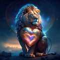 Lion hugging heart Lion with heart. Valentine\'s day card. 3D rendering AI generated animal ai Royalty Free Stock Photo