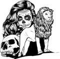 monochrome lion with human skull and head of woman makeup