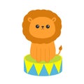 Lion icon sitting on drum. Cute cartoon funny circus character. Baby animal collection. Childish print for nursery, kids apparel,