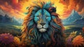 lion imaginative digital artwork featuring a brightly colored animal with a stunning mountainous landscape , AI-generated Royalty Free Stock Photo