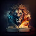 Lion of judah with the bible, religion and faith of christianity, bibical story, book of Genesis, generative AI