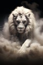 The Lion of Judah - White albino imposing lion - Fire, smoke, ashes, embers - Fantasy Feline Lion King - Walking - Glowing Eyes