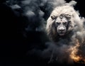 The Lion of Judah - White albino imposing lion - Fire, smoke, ashes, embers - Fantasy Feline Lion King - Banner style