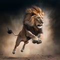 Lion Jump On The Savanna. Generative AI