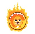 Lion jumping through a ring of fire in the circus icon flat style , isolated on white background. Vector illustration. Royalty Free Stock Photo