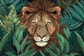 Lion in the jungle. Amazing tropical fauna pattern. Ai generative