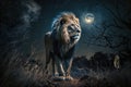 Lion in jungle at night, portrait of wild African animal in savanna, generative AI