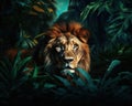 Lion in jungle at night of wild African animal.