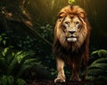 Lion in jungle at night of wild African animal.