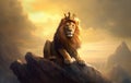 lion is the king of beasts, ion stands majestically on the rock, with a golden crown on his head, generative ai Royalty Free Stock Photo