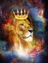 Lion king in cosmic space. Lion on cosmic background. Royalty Free Stock Photo