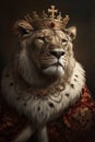 The lion king, the king of the jungle. A lion with a crown and an imposing king's outfit Royalty Free Stock Photo
