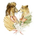 Lion King and lioness. Watercolor animal big africa wildlife on isoleted white background. Hand drawn exotic love family big cat