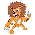 Lion king with sharp nails ready for battle, doodle icon image kawaii