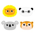 Lion Koala Panda bear Tiger round face head icon set. Kawaii wild animal. Cute cartoon character. Funny baby kids print. Love Royalty Free Stock Photo